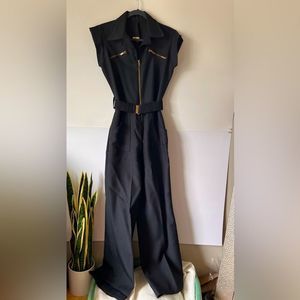 Vintage Black Gold Zipper Elastic Belt Wide Leg Bell Bottom Jumpsuit Size 12